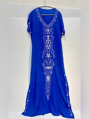 Blue Embroidered Cotton Kaftan Dress Boho Resort Coastal Cottagecore